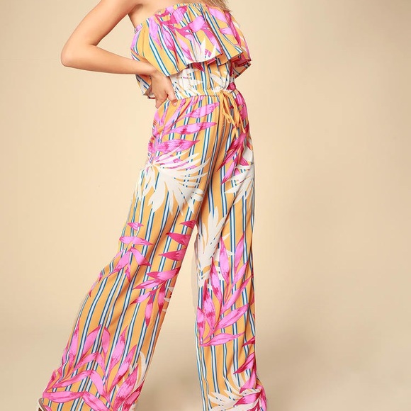 Lulus Pants & Jumpsuits Boho Chic Tropical Floral Ruffle Jumpsuit